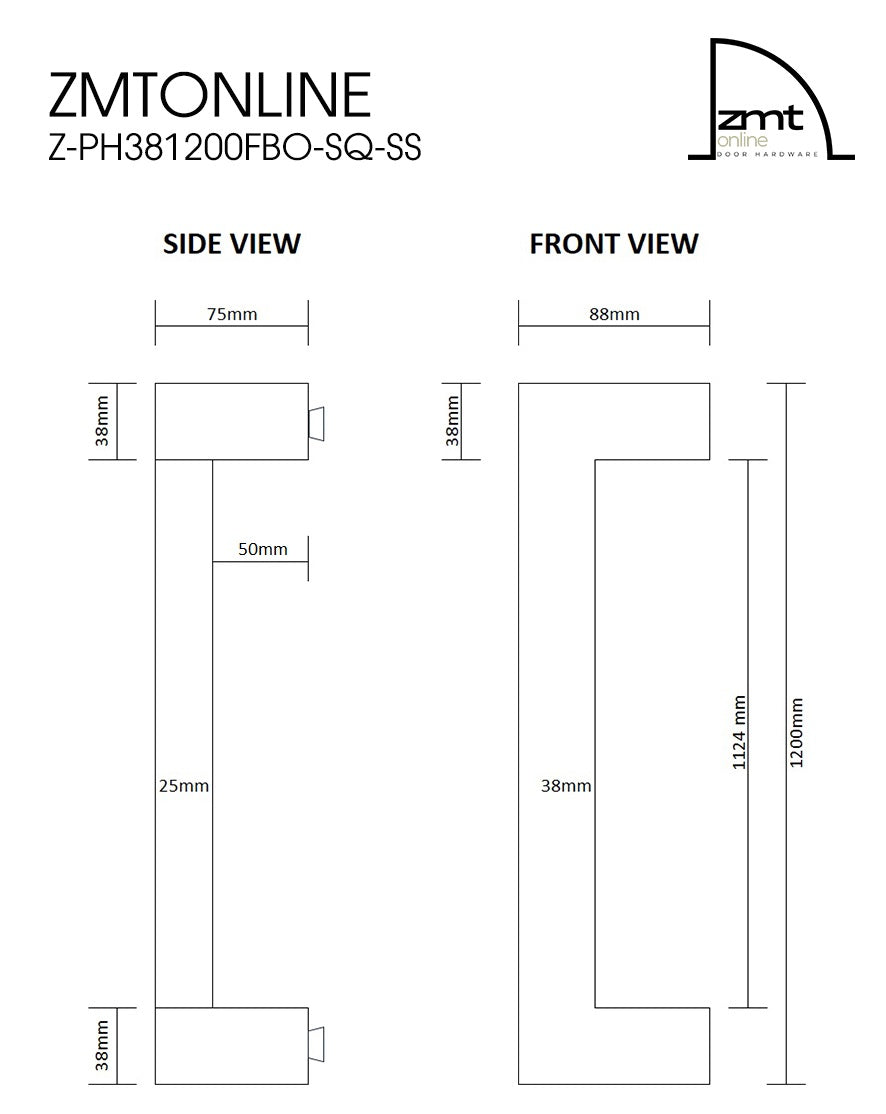 Technical dimension diagram, showing side and front views with measurements featuring 'ZMTONLINE', product code 'Z-PH381200FBO-SQ-SS'