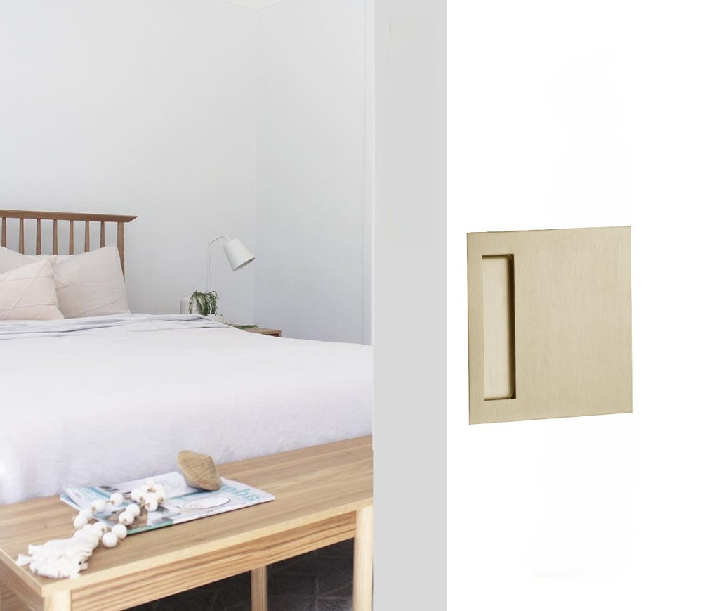 Brushed Brass Flush Pull Handle - 170 x 170mm  installed  on a bedroom sliding door