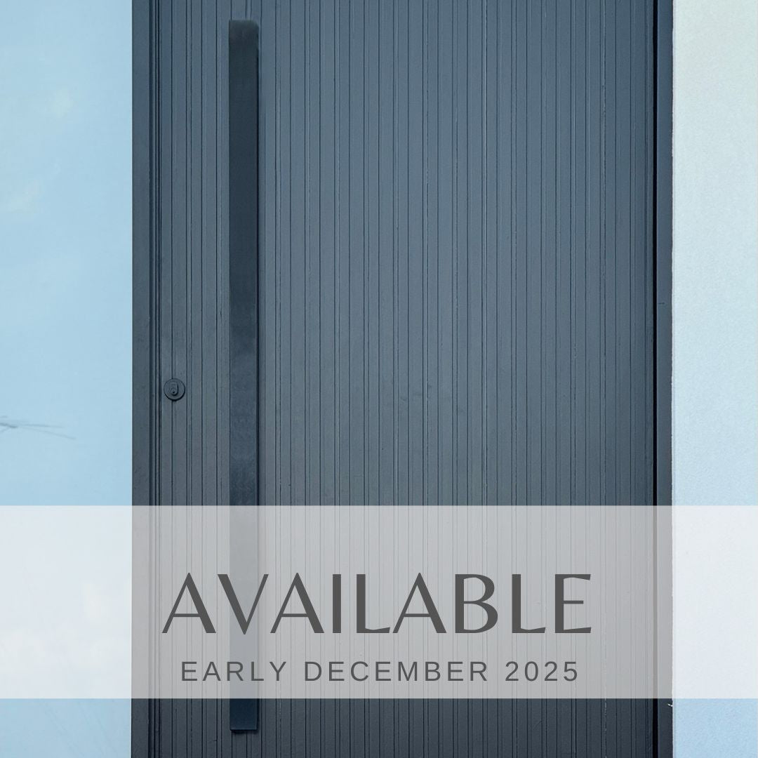 Matt black entry door pull handle set with a 50mm front view install on a modern black timber door