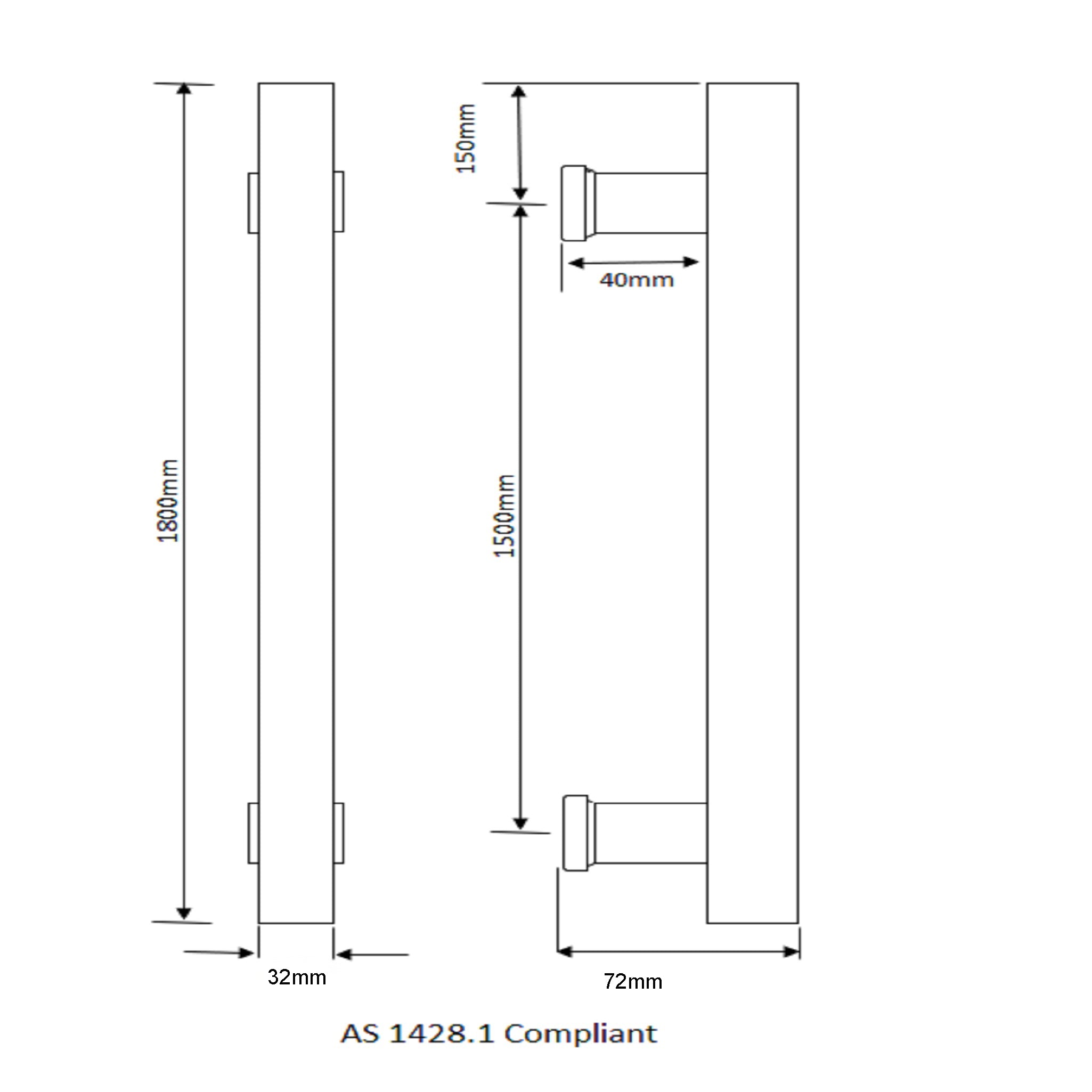 Stainless Steel 1800mm Entry Door Pull Handles - Pair diagram