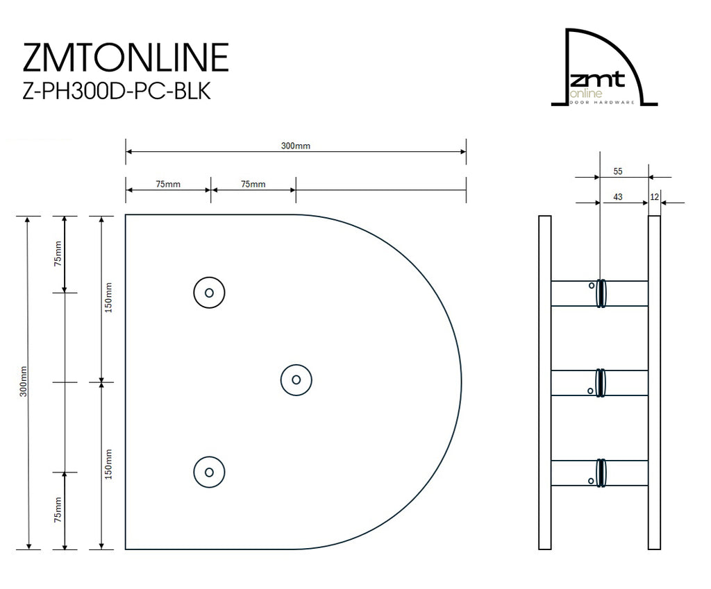 Technical drawing of a product with dimensions and specifications, featuring the brand 'ZMTONLINE'.