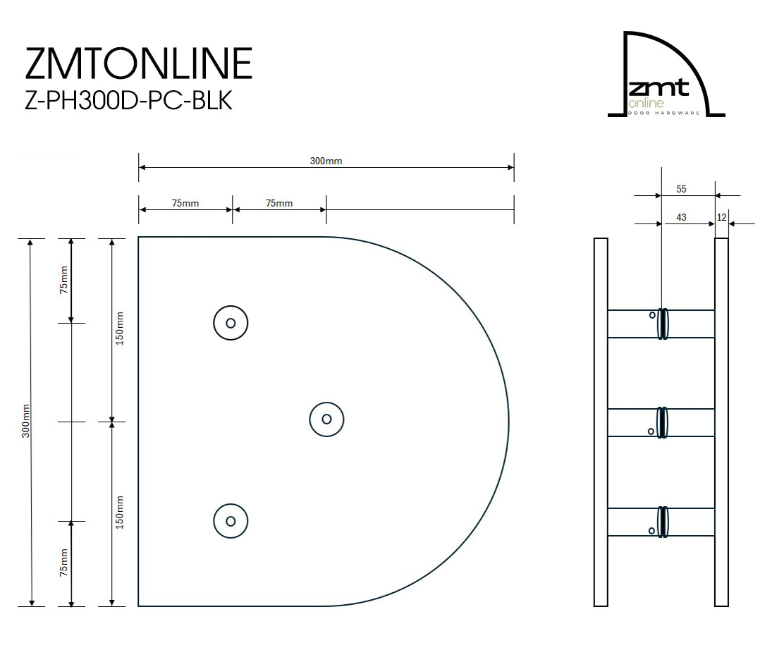 Technical drawing of a product with dimensions and specifications, featuring the brand 'ZMTONLINE'.