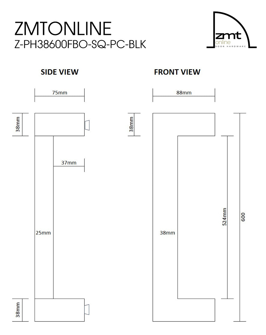 Matt Black 600mm Square Offset  Pull Handle-Pair (Urban Series)
