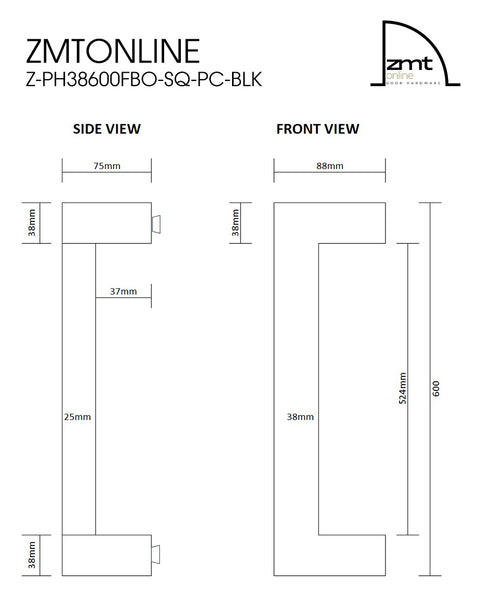 Matt Black 600mm Square Offset  Pull Handle-Pair (Urban Series)