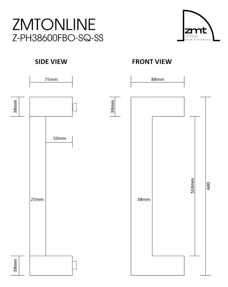 Technical dimension diagram showing side and front views with measurements featuring ZMTONLINE Z-PH38600FBO-SQ-SS  on a white background.