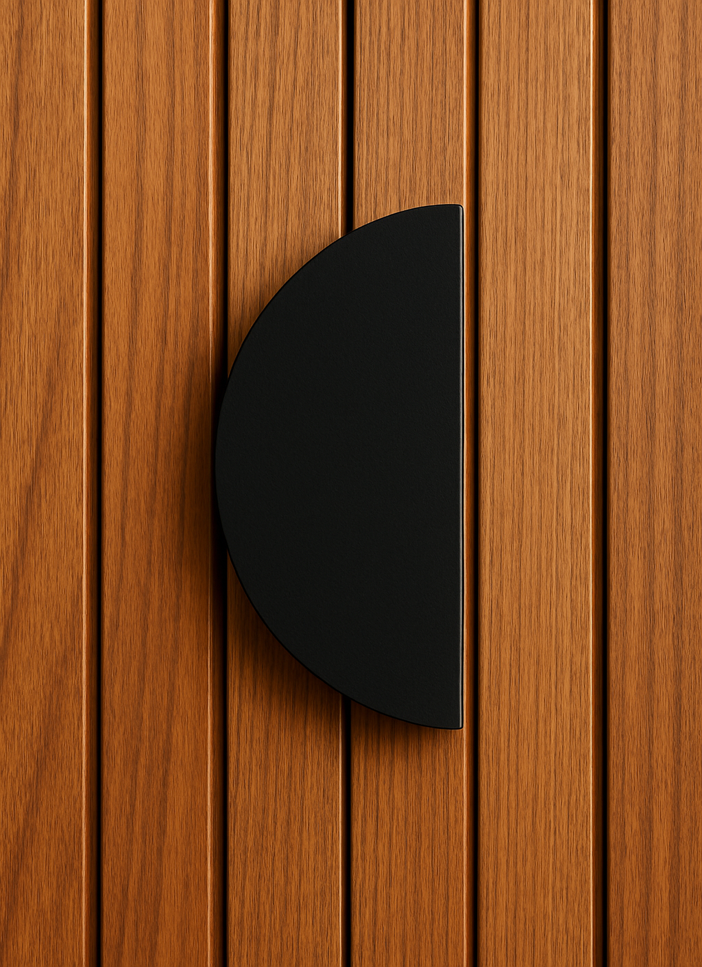 Black half-moon pull handle on a timber door