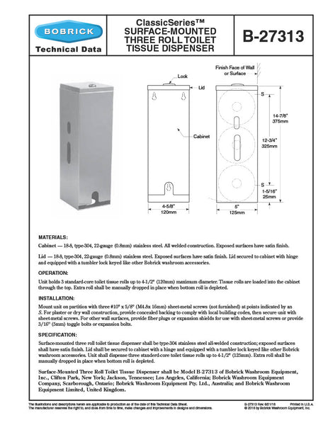 Technical data sheet for Bobrick B-27313 surface-mounted three roll toilet tissue dispenser