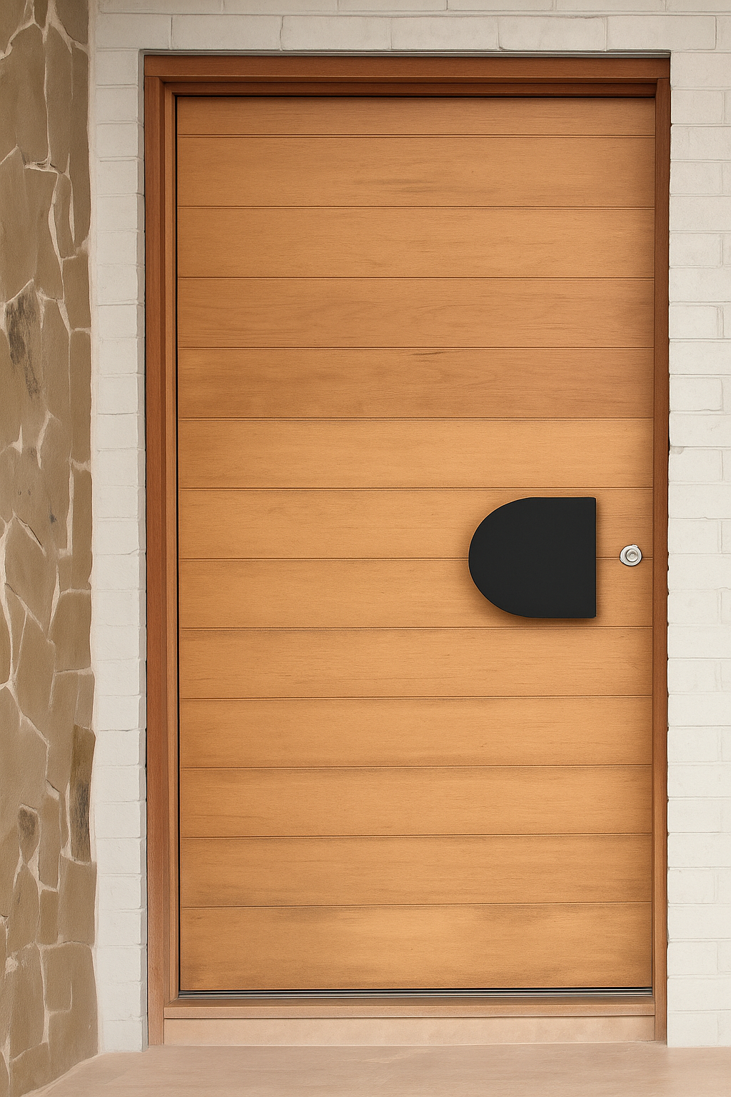 Timber door with a black D-plate pull handle.