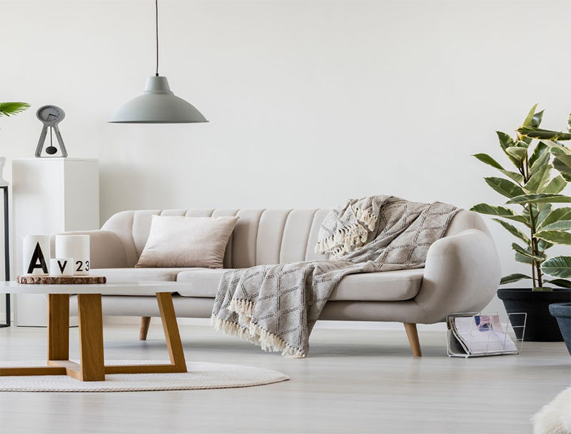 Modern living room with a gray sofa, coffee table, and decorative items.