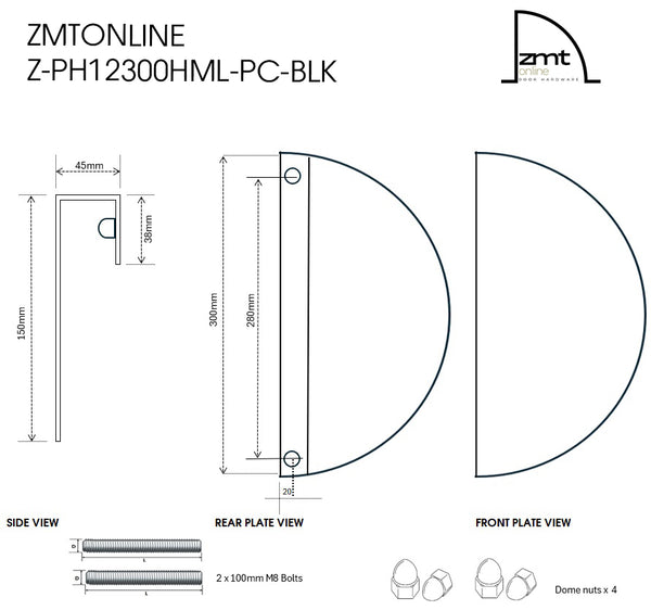 300mm Matt Black Half Moon Entry Door Pull Handles (Pair) - Modern Curved Design
