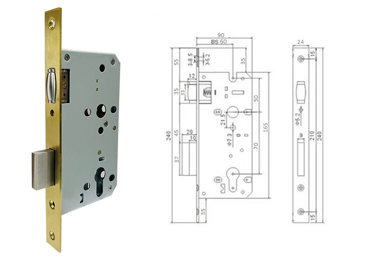 Brushed Brass Roller Mortice Lock with Square Escutcheon