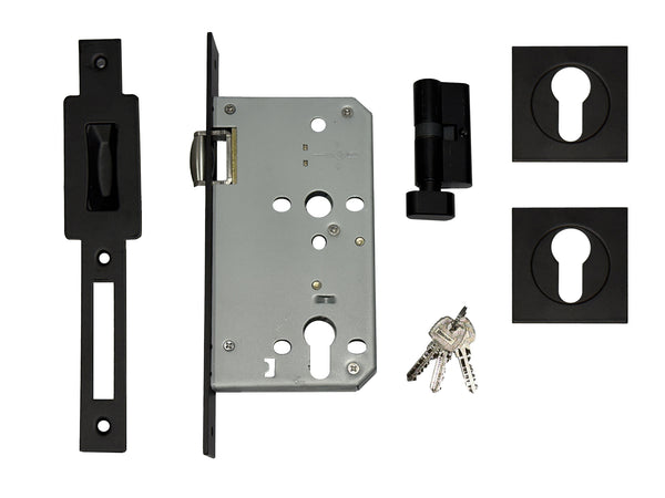 Matt Black Roller Mortice Lock with Square Escutcheon