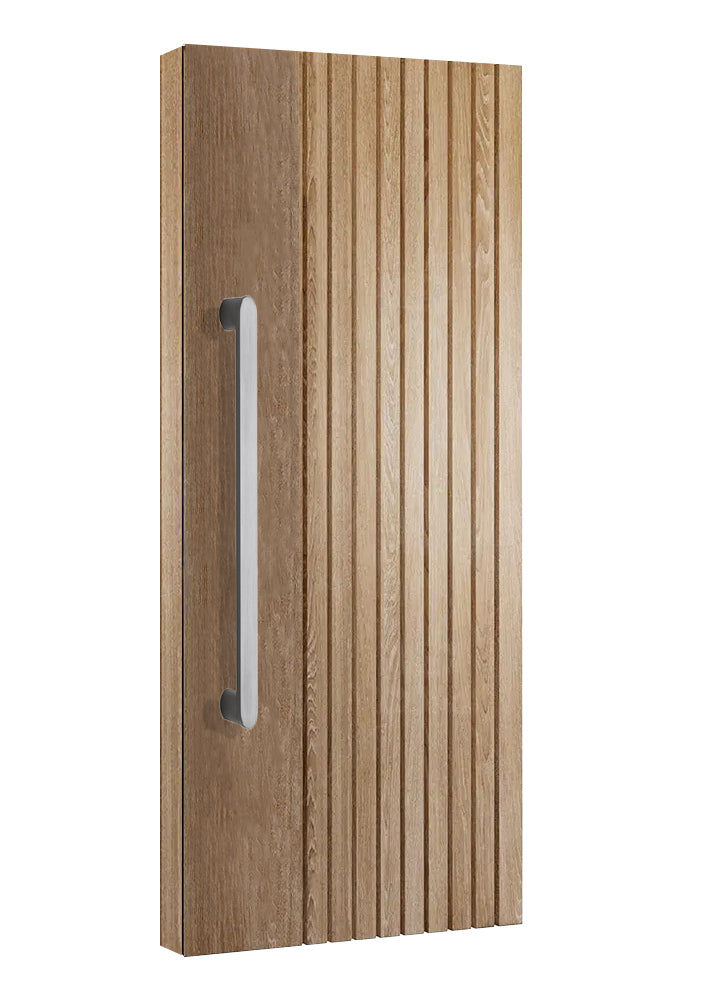  brushed gunmetal finish stainless steel door handle set installed on a timber door, showcasing a sleek linear rectangular form with curved oval tops and bottoms.