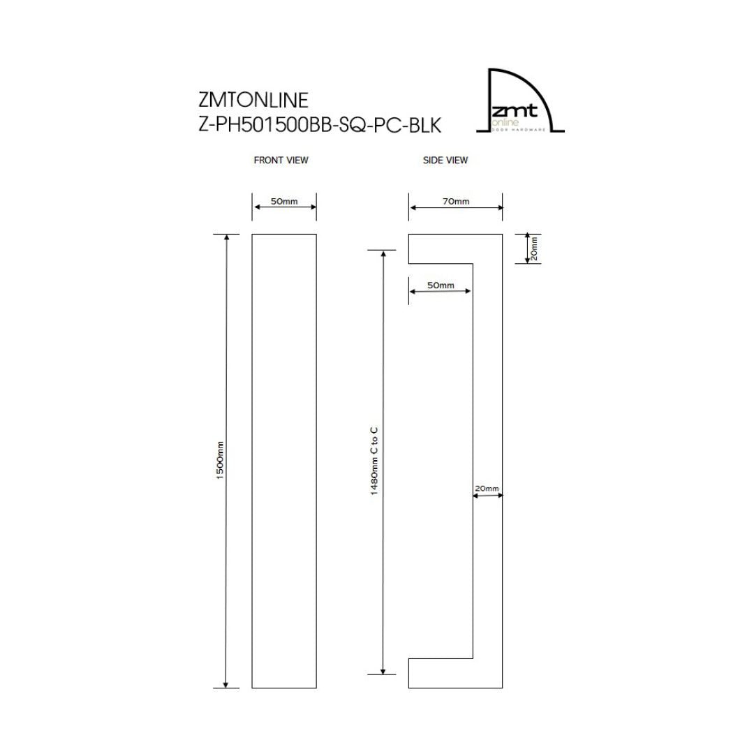 Z-PH501500BB-SQ-PC-BLK Technical drawing with dimensions labelled, front and side views.