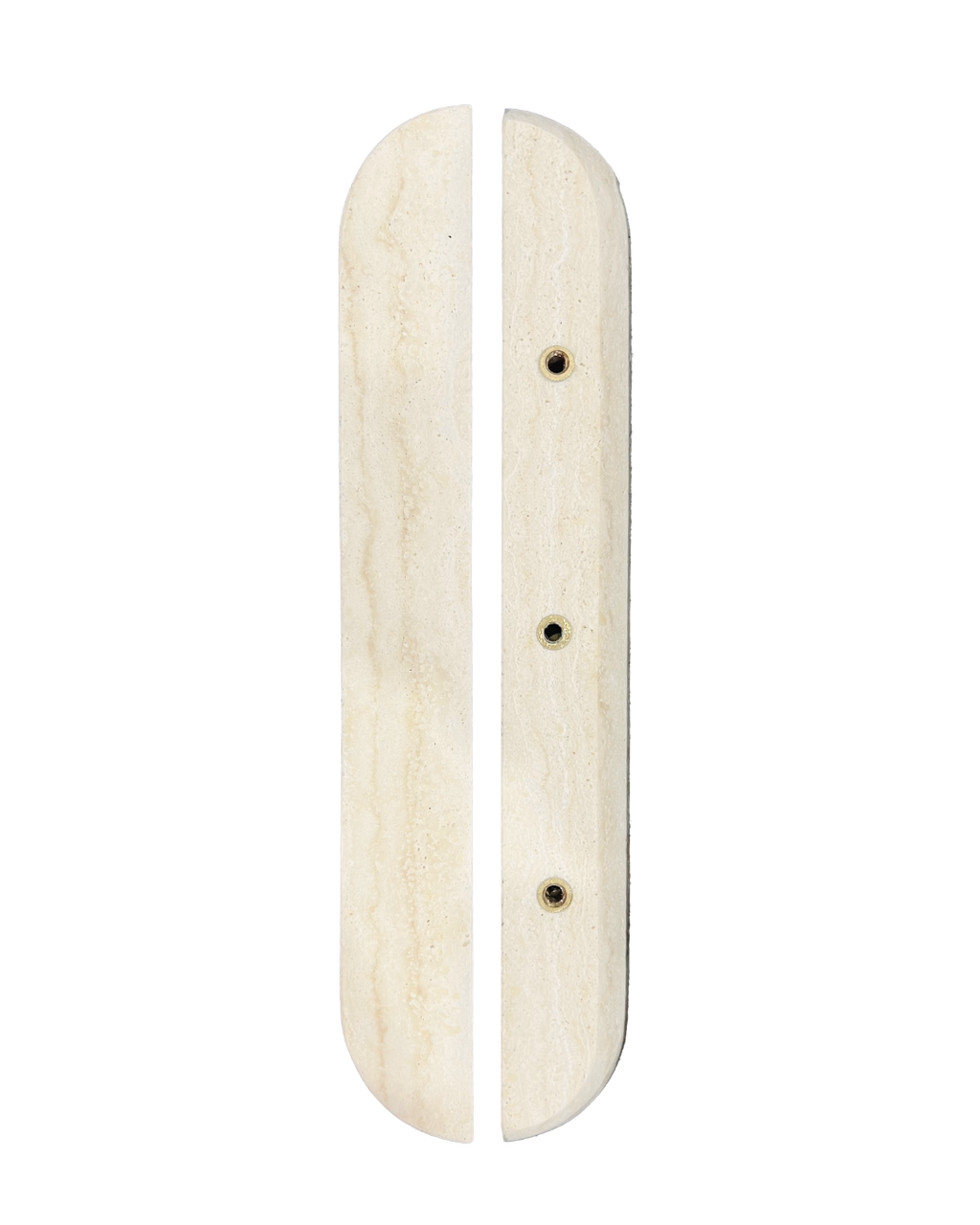ZMTONLINE- Travertine Stone pull handle set front and side view.
