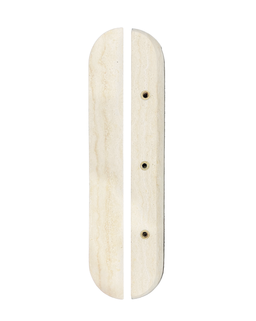ZMTONLINE- Travertine Stone pull handle set front and side view.