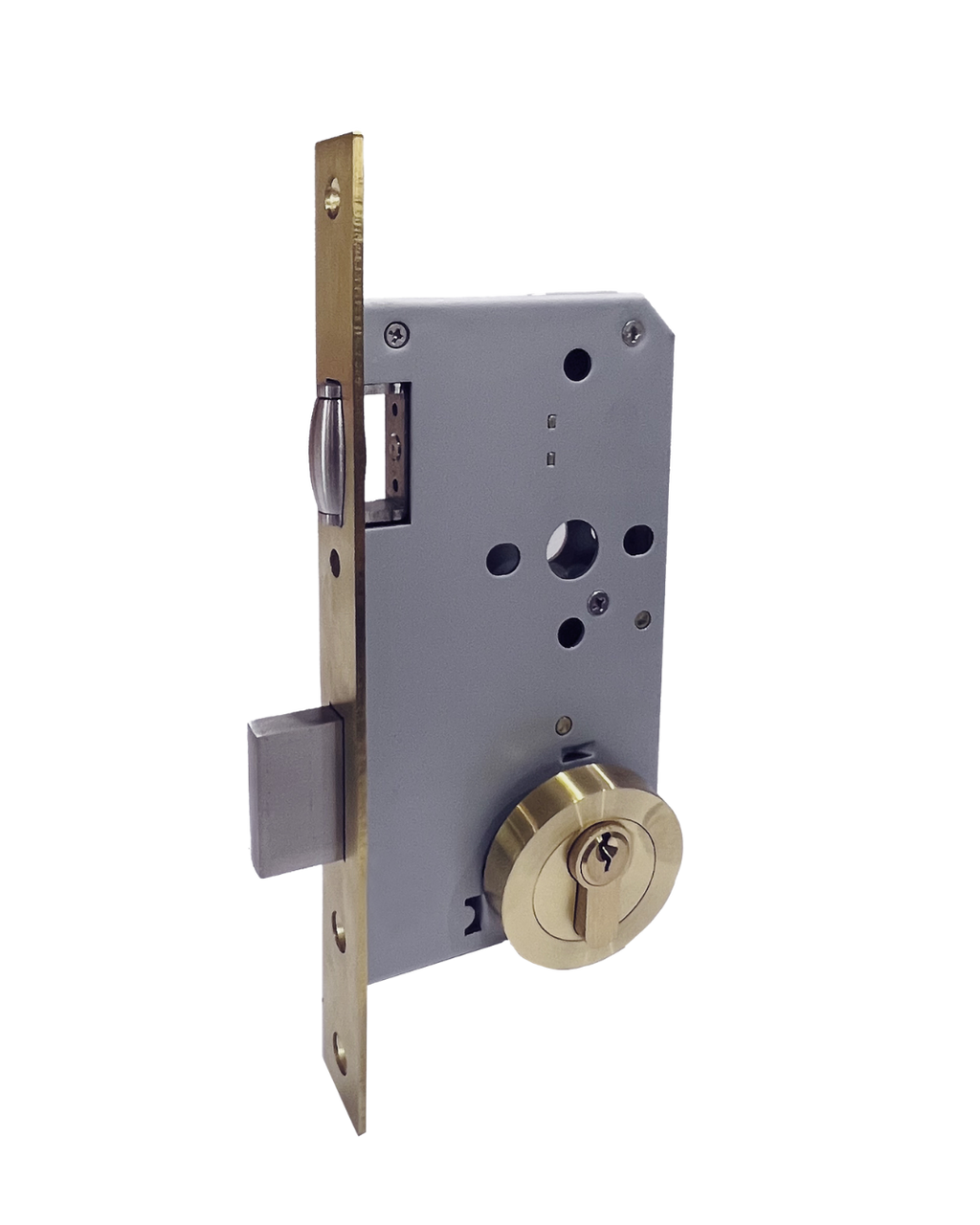 Brushed Brass Roller Mortice Lock with Round Escutcheon