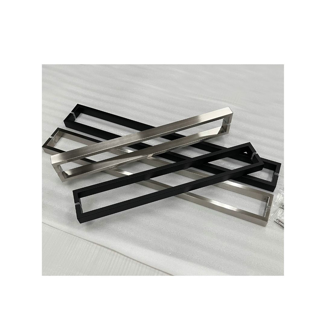 ZMTONLINE Unbar series Entry door pull handle matt black and stainless steel finishes on a textured white surface