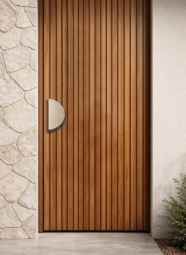 ZMTONLINE Modern Timber door featuring a Z-PH205HM-TRAV Mezzaluna Stone entry door pull handle.