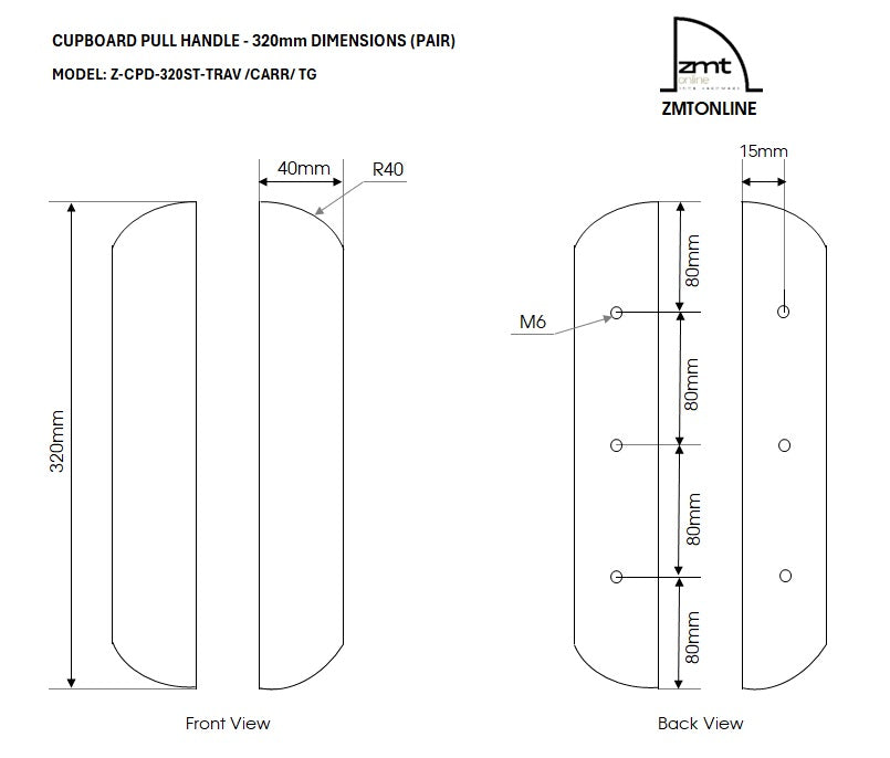 ZMTONLINE Front and back Technical drawing of a cabinet pull handle with dimensions.