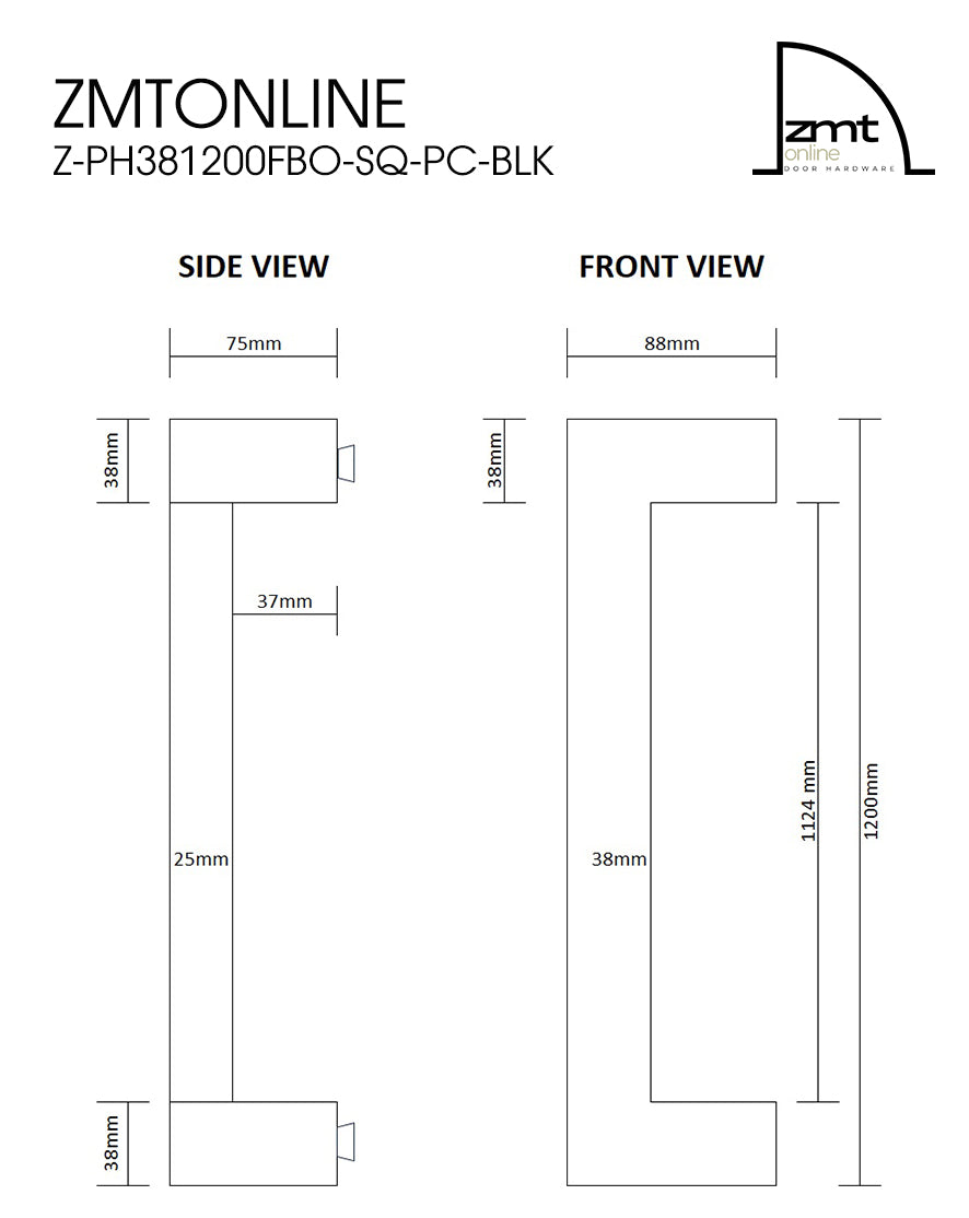 ZMTONLINE Z-PH381200FBO-SQ-PC-BLKTechnical drawing with dimensions labelled. Side and front view.