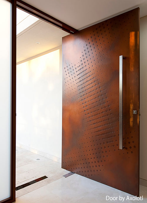 ZMTONLINE Stainless Steel Entry door pull handle (urban series) Z-PH501500BB-SQ-SS  installed on a oversized timber door supplied by Axolotl. 