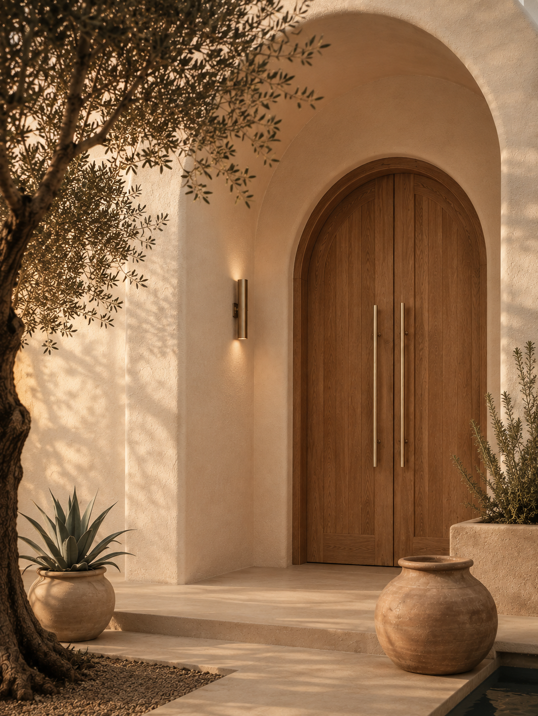 ZMTONLINE Arched double timber doors with long Brushed brass handles, Z-PH381500H-BB 