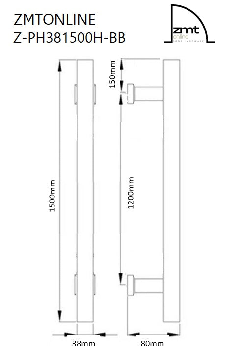 ZMTONLINE Technical dimension diagram , showing front and side views with measurements  Z-PH381500H-BB