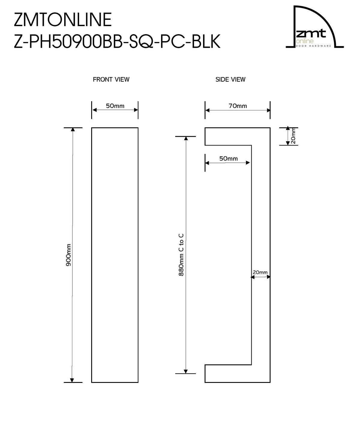ZMTONLINE  Z-PH50900BB-SQ-PC-BLK Front and view side  Technical dimension drawing of a 900mm Entry door pull handle (Urban Series)
