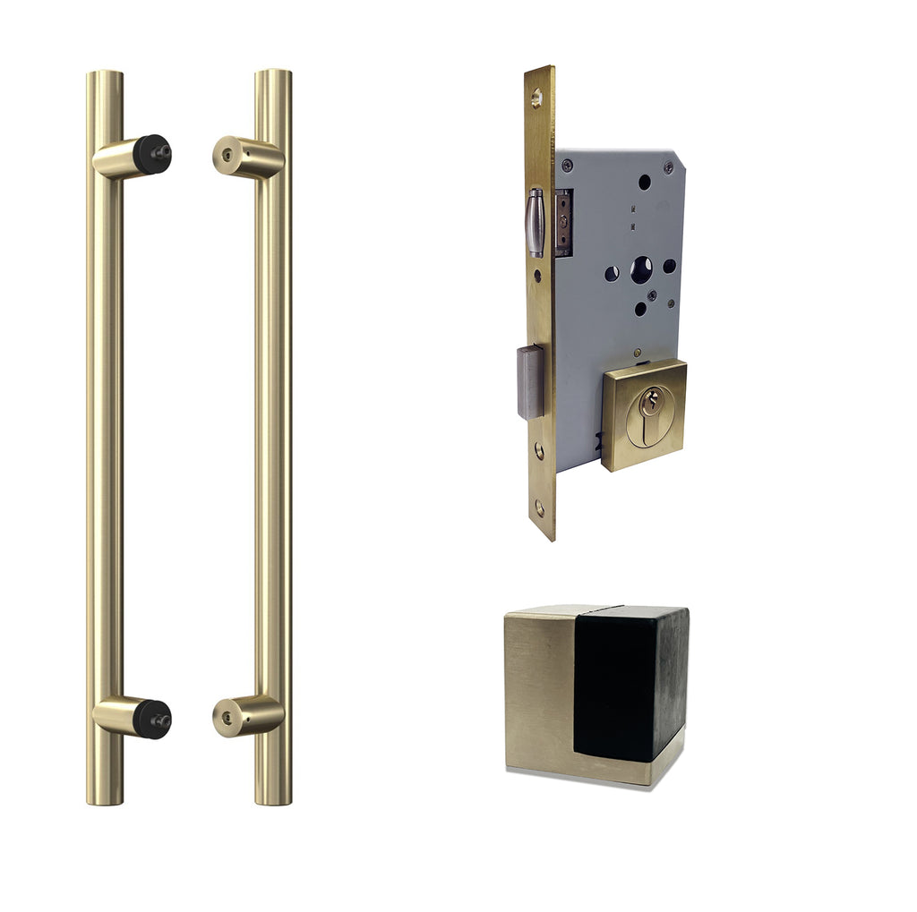 ZMTONLINE Brushed brass door handles set and roller mortice lock set  and a cube door stop 