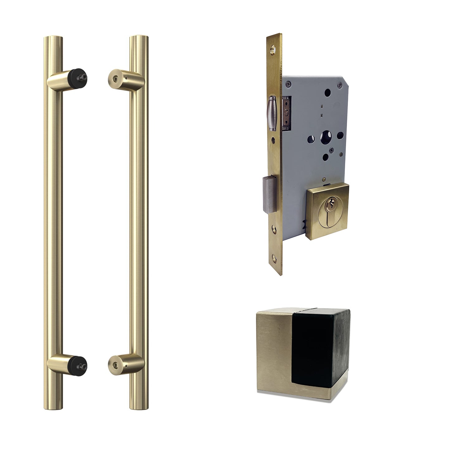 ZMTONLINE Brushed brass door handles set and roller mortice lock set  and a cube door stop 