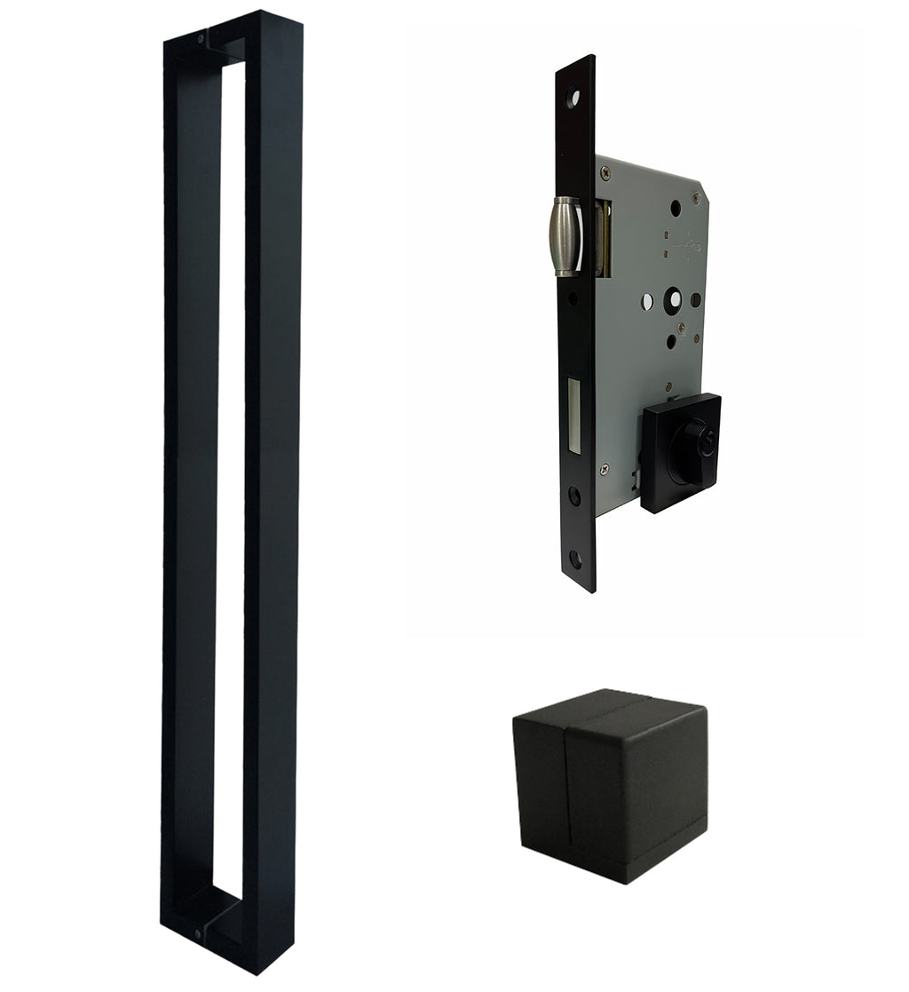 ZMTONLINE  Matt Black entry door pull handle (bundle set) including Roller mortice lock and cube door stopper  Z-BLD900BB-SQ-PC-BLK.