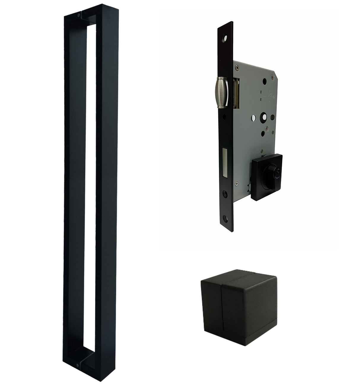ZMTONLINE  Matt Black entry door pull handle (bundle set) including Roller mortice lock and cube door stopper  Z-BLD900BB-SQ-PC-BLK.