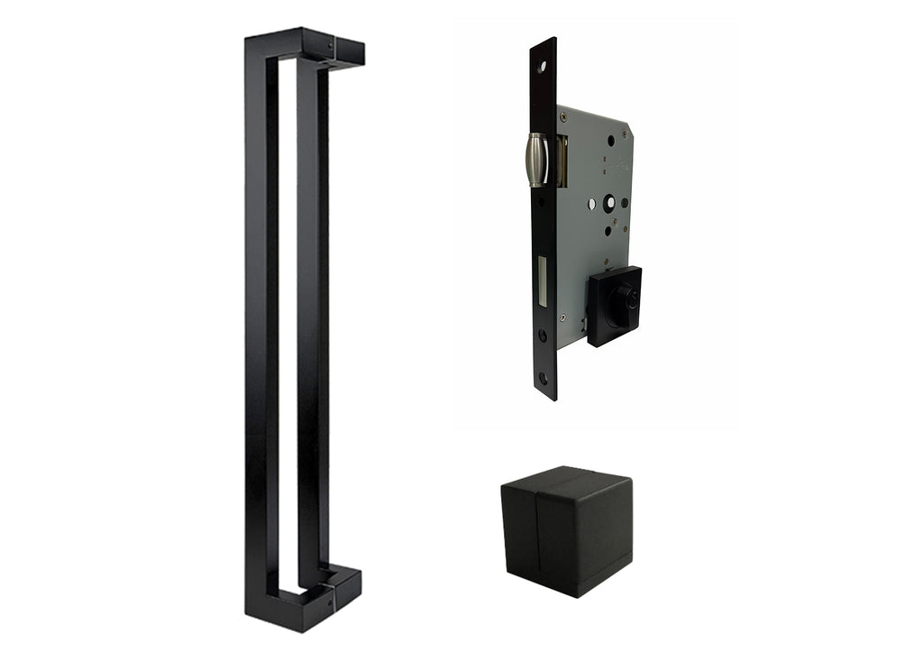 ZMTONLINE Black Offset entry door handle (bundle set) including  Roller mortice lock and door cube doorstop. Z-BLD900FBO-SQ-PC-BLK