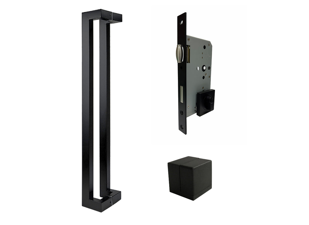 ZMTONLINE Black Offset entry door handle (bundle set) including  Roller mortice lock and door cube doorstop. Z-BLD900FBO-SQ-PC-BLK