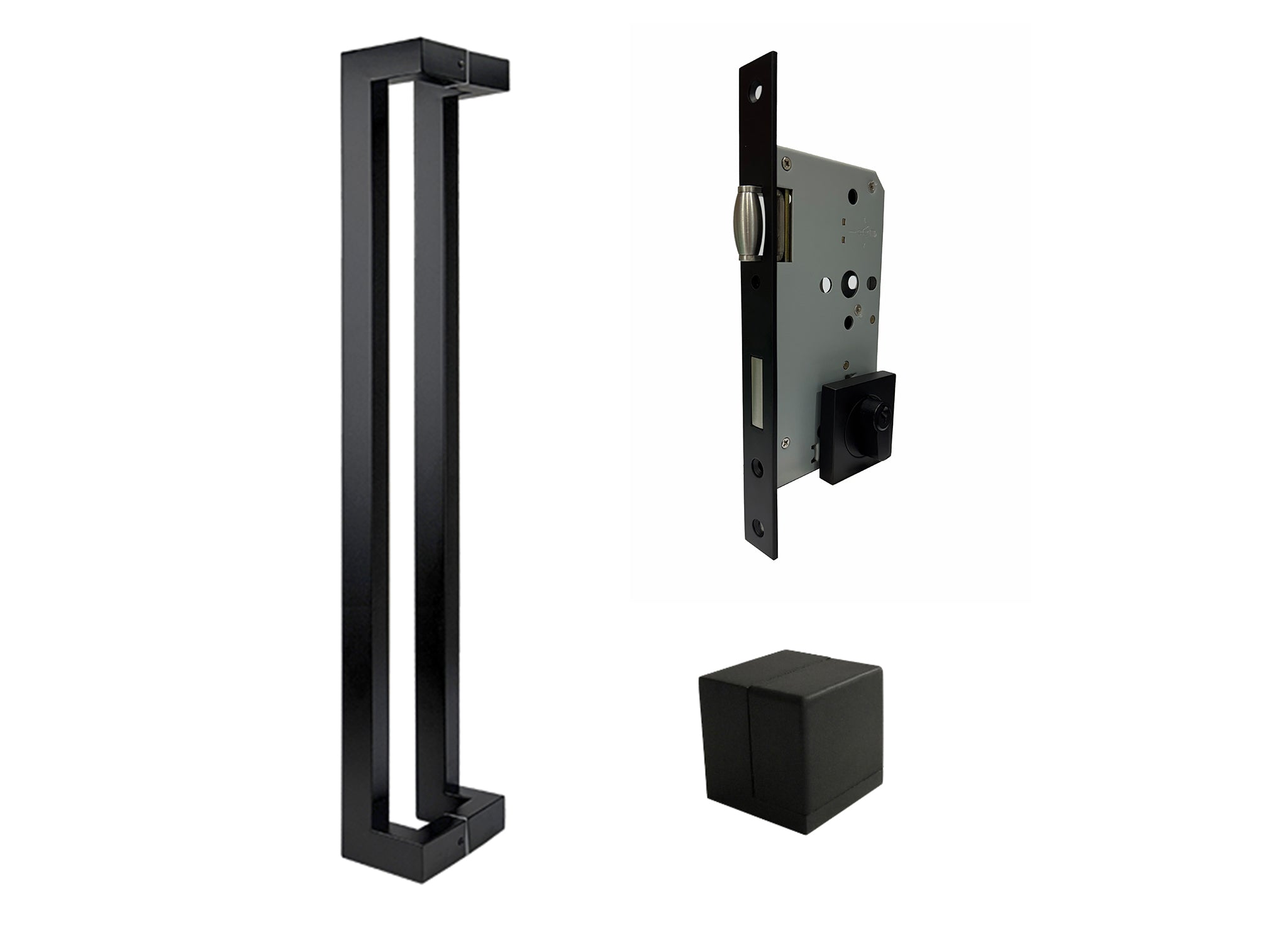 ZMTONLINE Black Offset entry door handle, Roller mortice lock and door cube doorstop. 