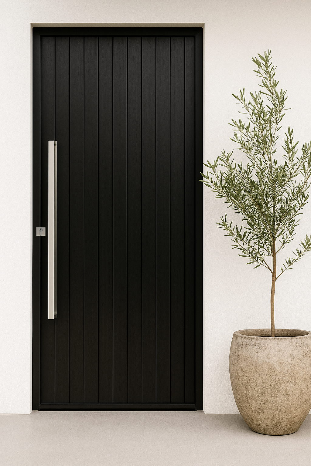 ZMTONLINE Black door with a stainless steel entry door pull handle on a white wall, next to a potted plant.

