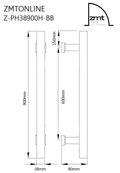 ZMTONLINE Technical dimension diagram  showing front and side views. Z-PH38900H-BB
