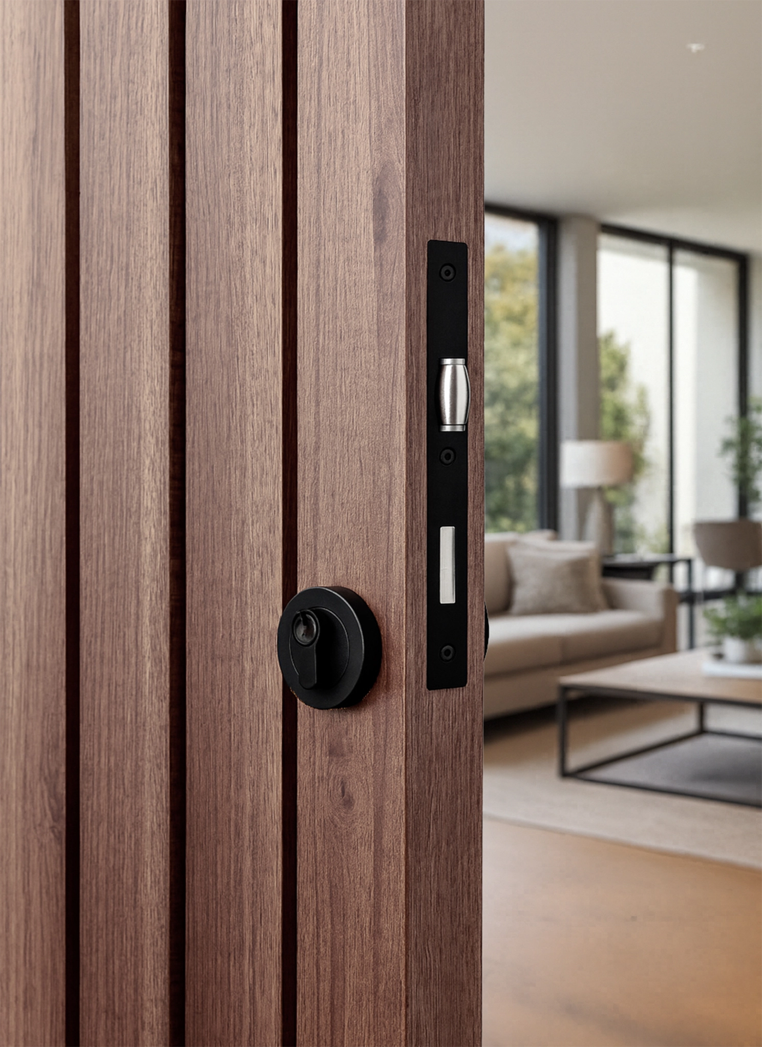ZMTONLINE  timber door with black roller mortice lock and round escutcheon. 