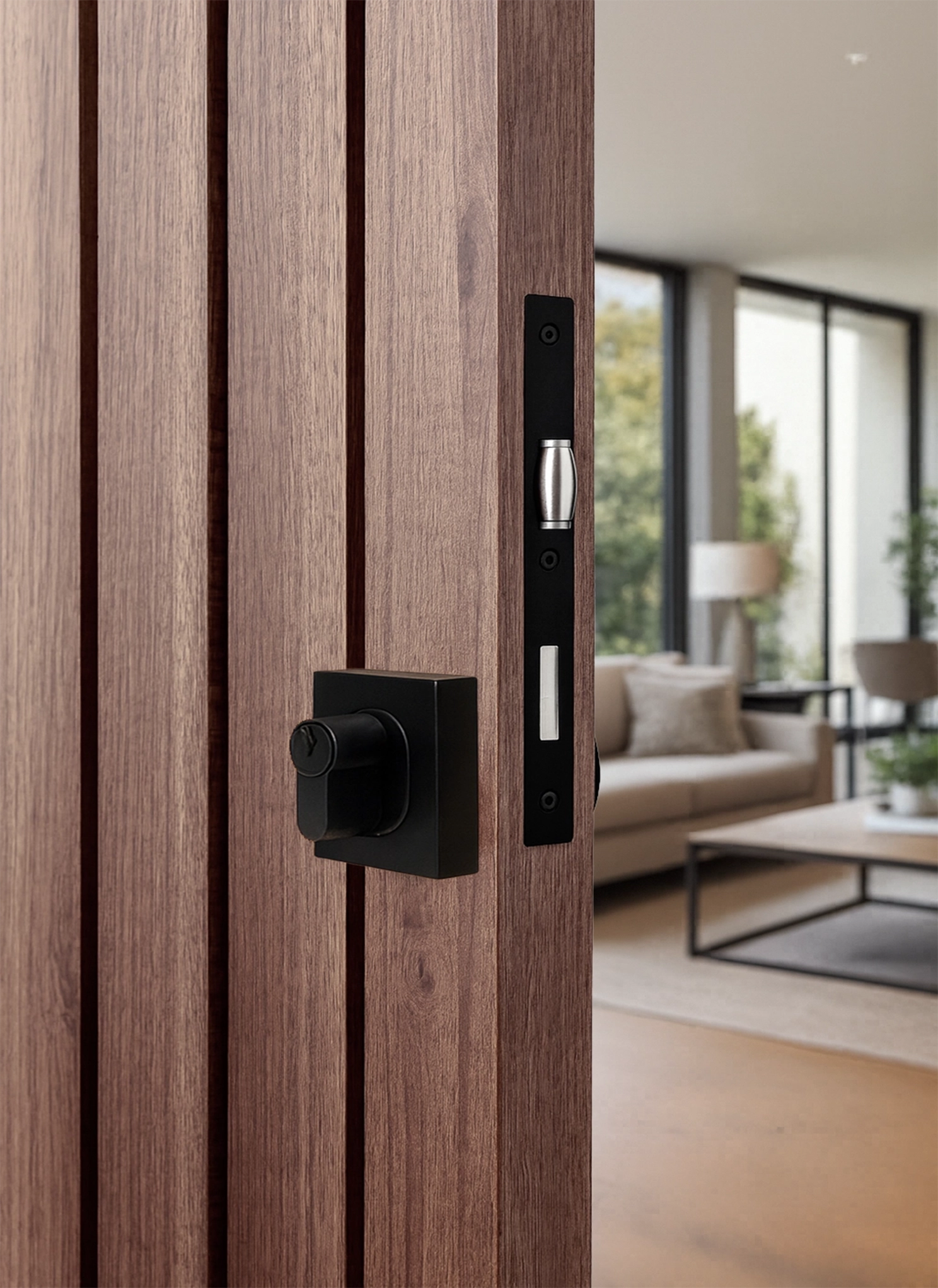 ZMTONLINE Timber door with black mortice lock in a modern interior setting