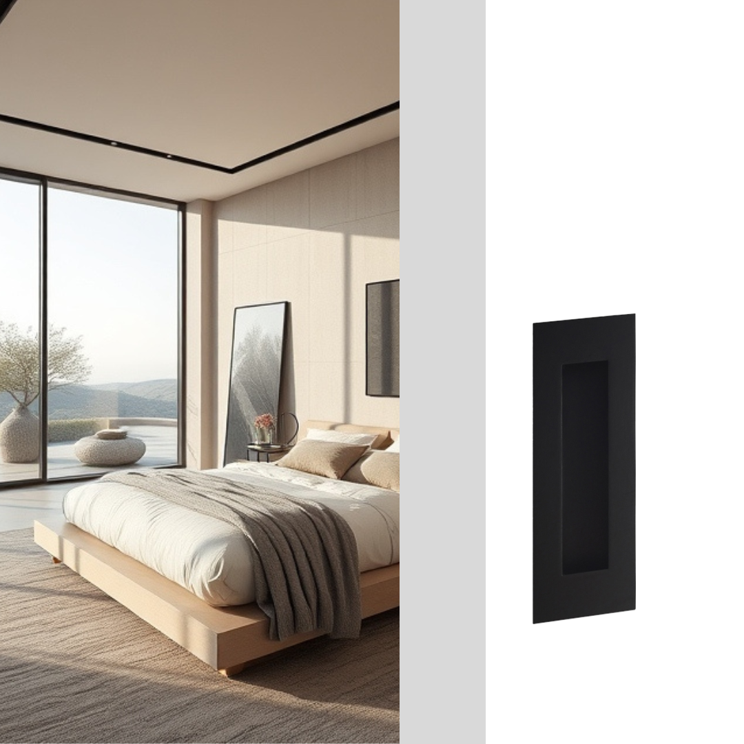 ZMTONLINE Matt Black Flush Pull Handle - 180 x 60mm installed on a white sliding door