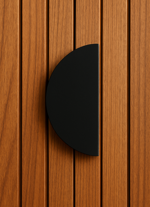 ZMTONLINE Black half-moon pull handle on a timber door Z-PH12300HM-PC-BLK.