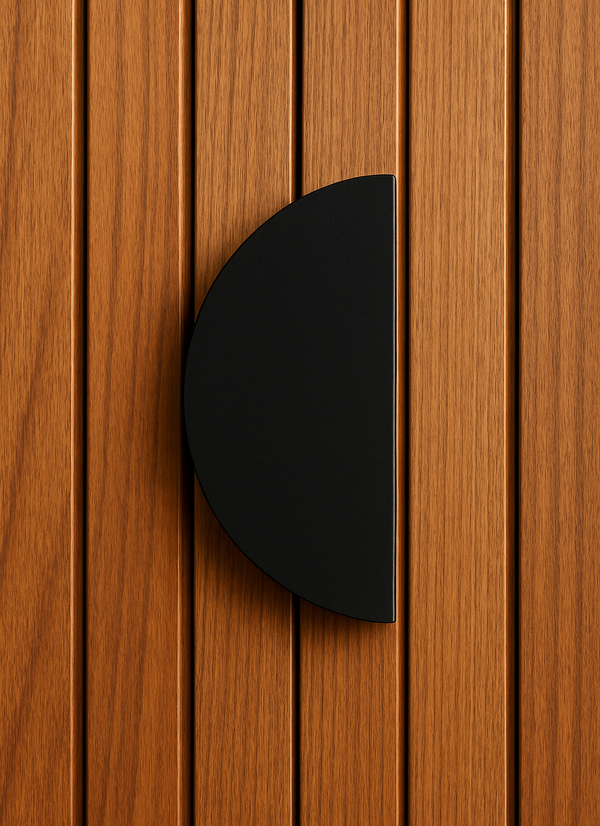 ZMTONLINE Black half-moon pull handle on a timber door Z-PH12300HM-PC-BLK.