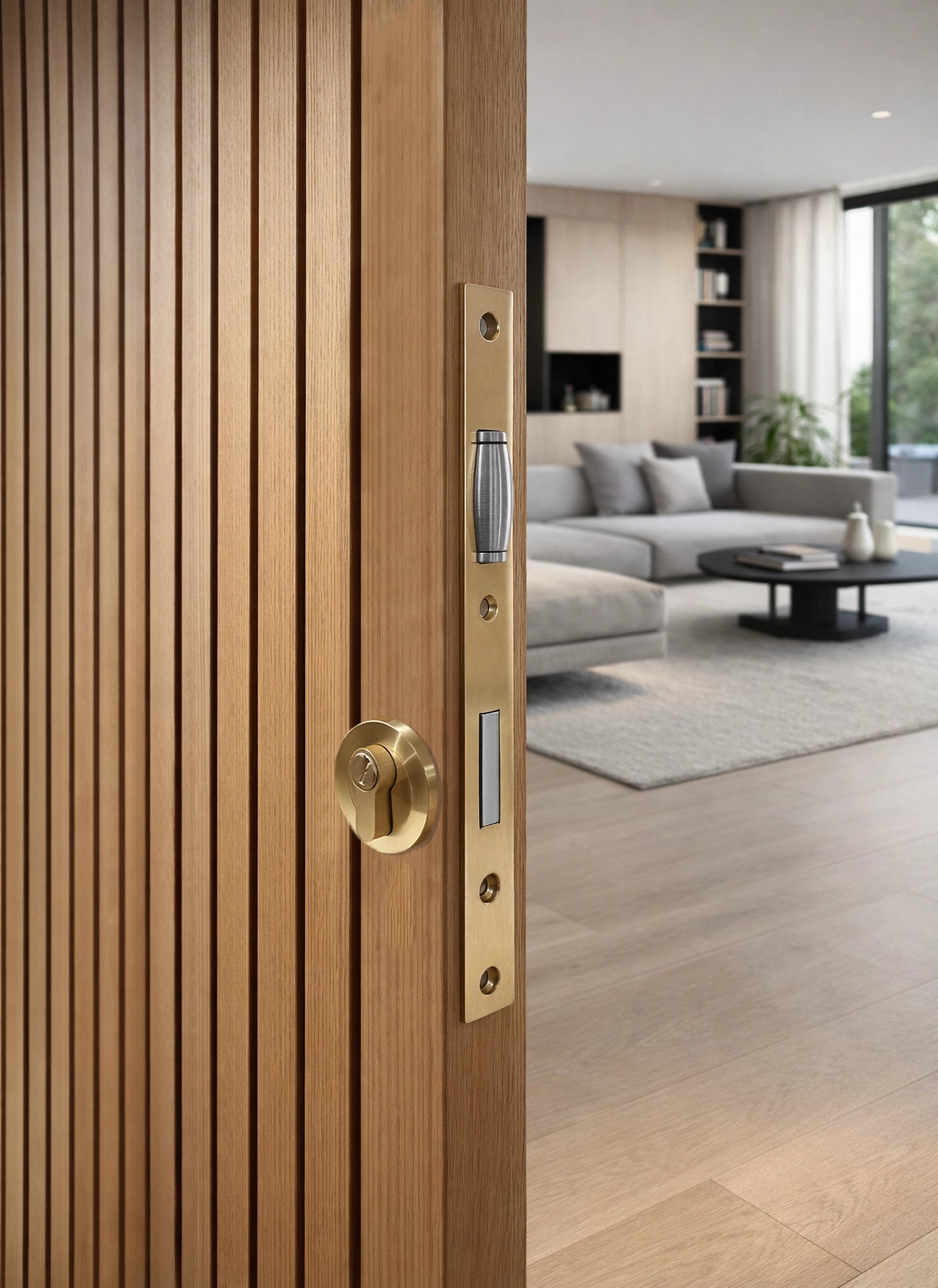 ZMTONLINE Timber door with brushed brass Mortice lock with round escutcheon set