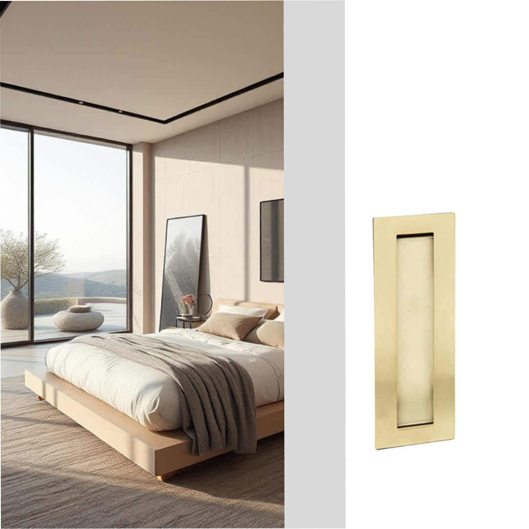 ZMTONLINE Brushed brass flush pull handle installed on a sliding door in a bright bedroom setting.