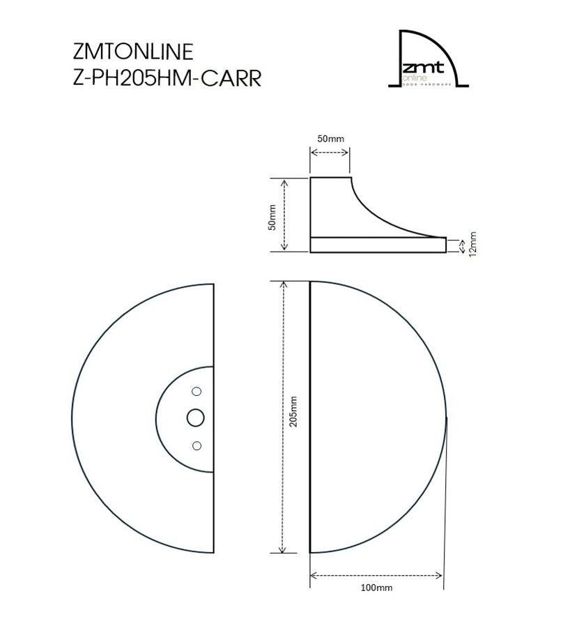 ZMTONLINE Mezza Luna Stone pull handle  Back and Front view Technical dimensions drawing.