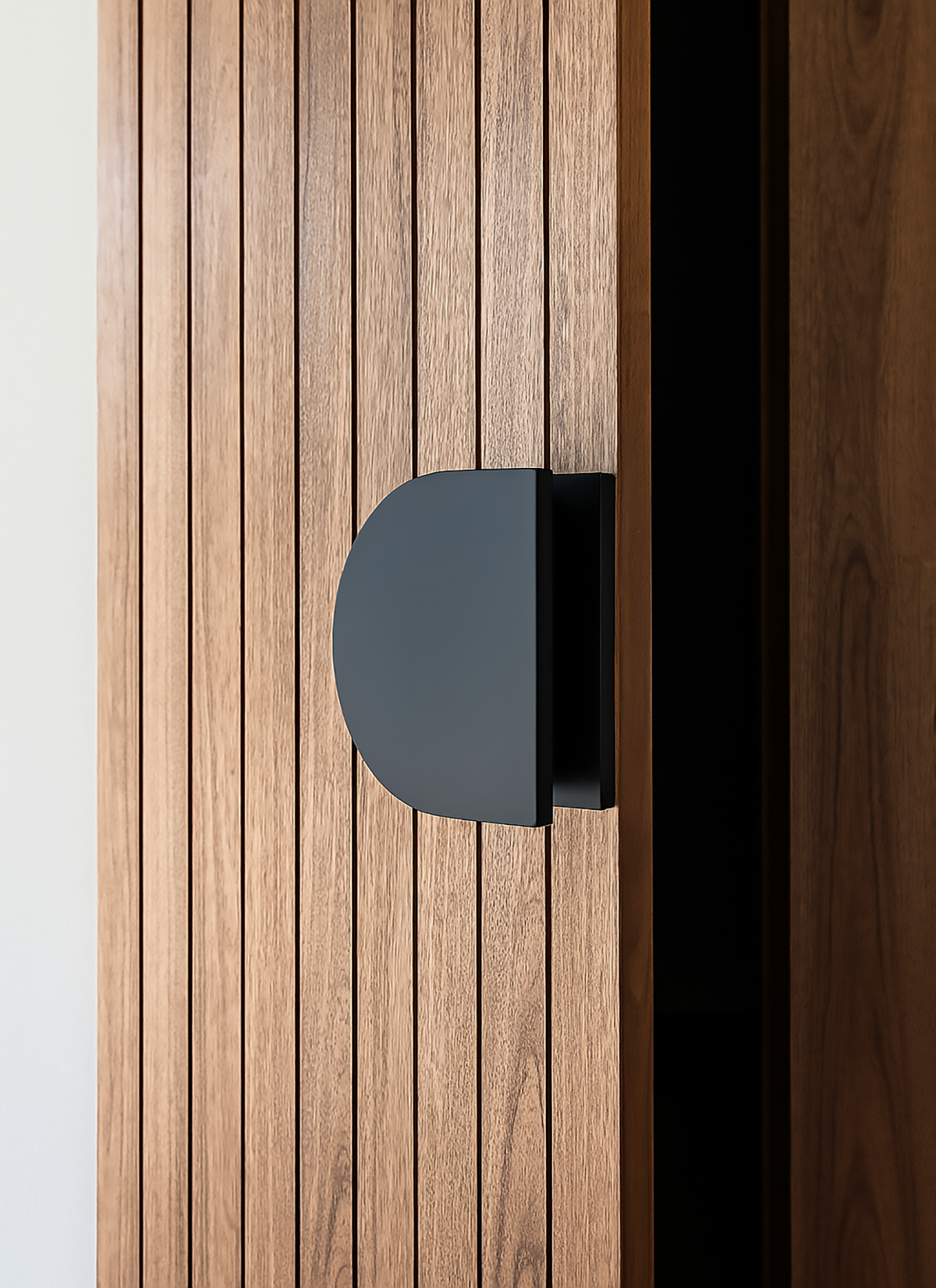 ZMTONLINE Matt Black k D-plate 220mm pull handle on a Timber door. Z-PH220D-PC-BLK