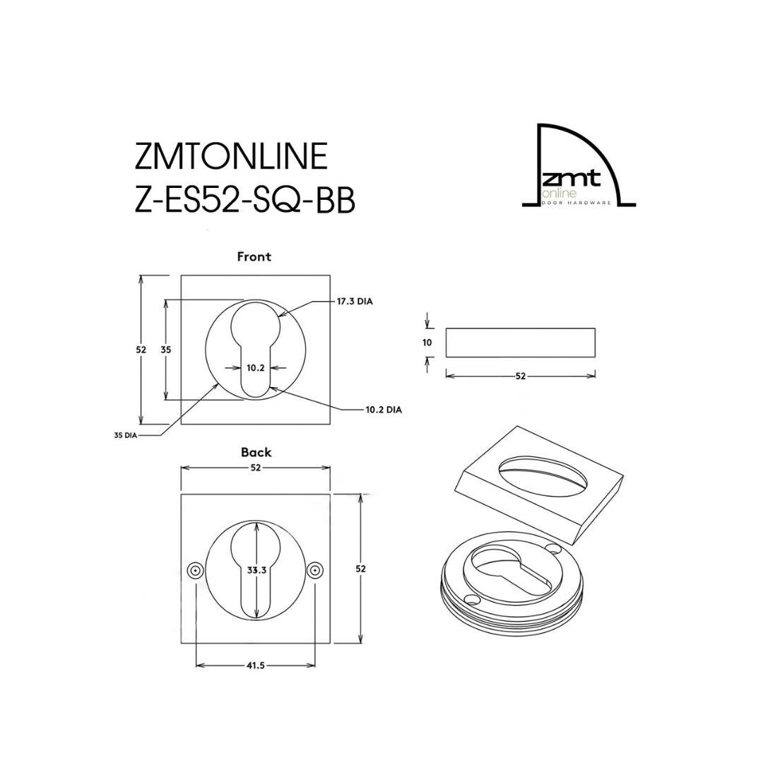 ZMTONLNE Z-ES52-SQ-BB Technical drawing and dimensions. Front and back view