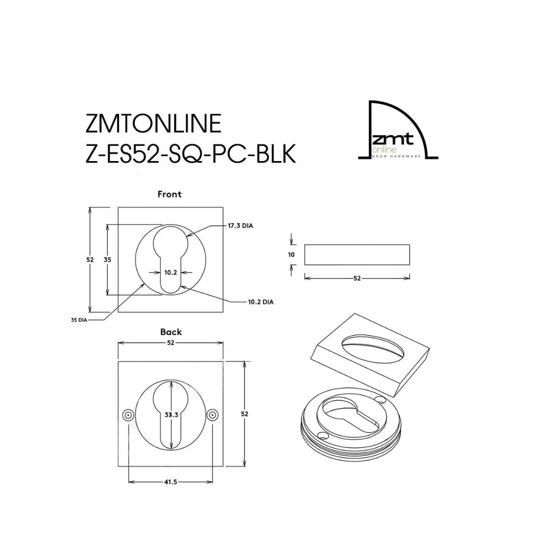 ZMTONLINE Technical drawing and dimensions of Square Euro cylinder escutcheon 