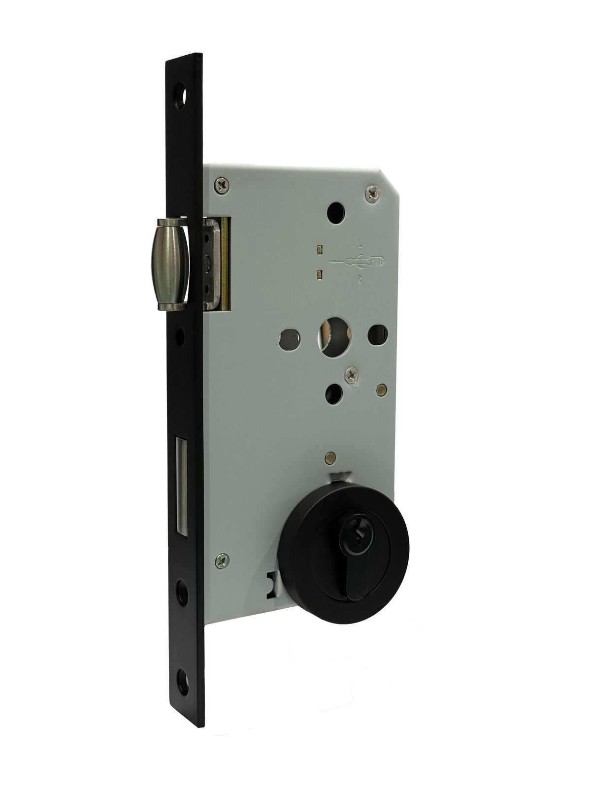 A stainless steel roller mortice lock with a round escutcheon and a black finish, designed for doors, including a mortice cover plate and a cylinder lock on a white background